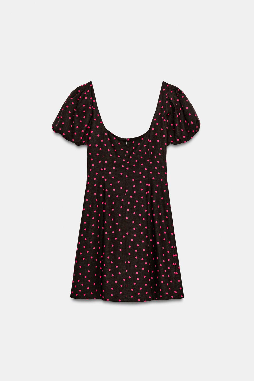 ПЛАТЬЕ ИЗ ЛЬНА В ГОРОШЕК С ОБЪЕМНЫМИ РУКАВАМИ