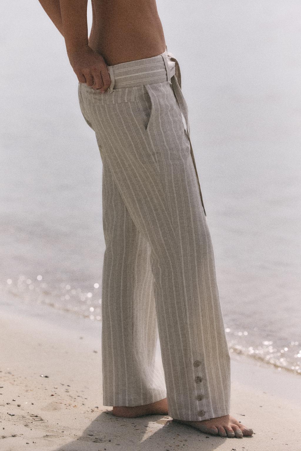 БРЮКИ ИЗ ЛЬНА В ПОЛОСКУ С ПОЯСОМ