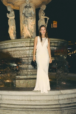 Длинное комбинированное платье из атласа- Заказать в России