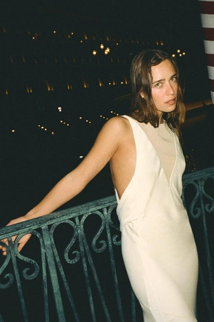 Длинное комбинированное платье из атласа- Заказать в России