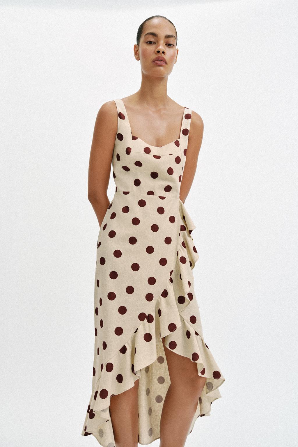 ПЛАТЬЕ МИДИ В ГОРОШЕК ИЗ СМЕСОВОГО ЛЬНА