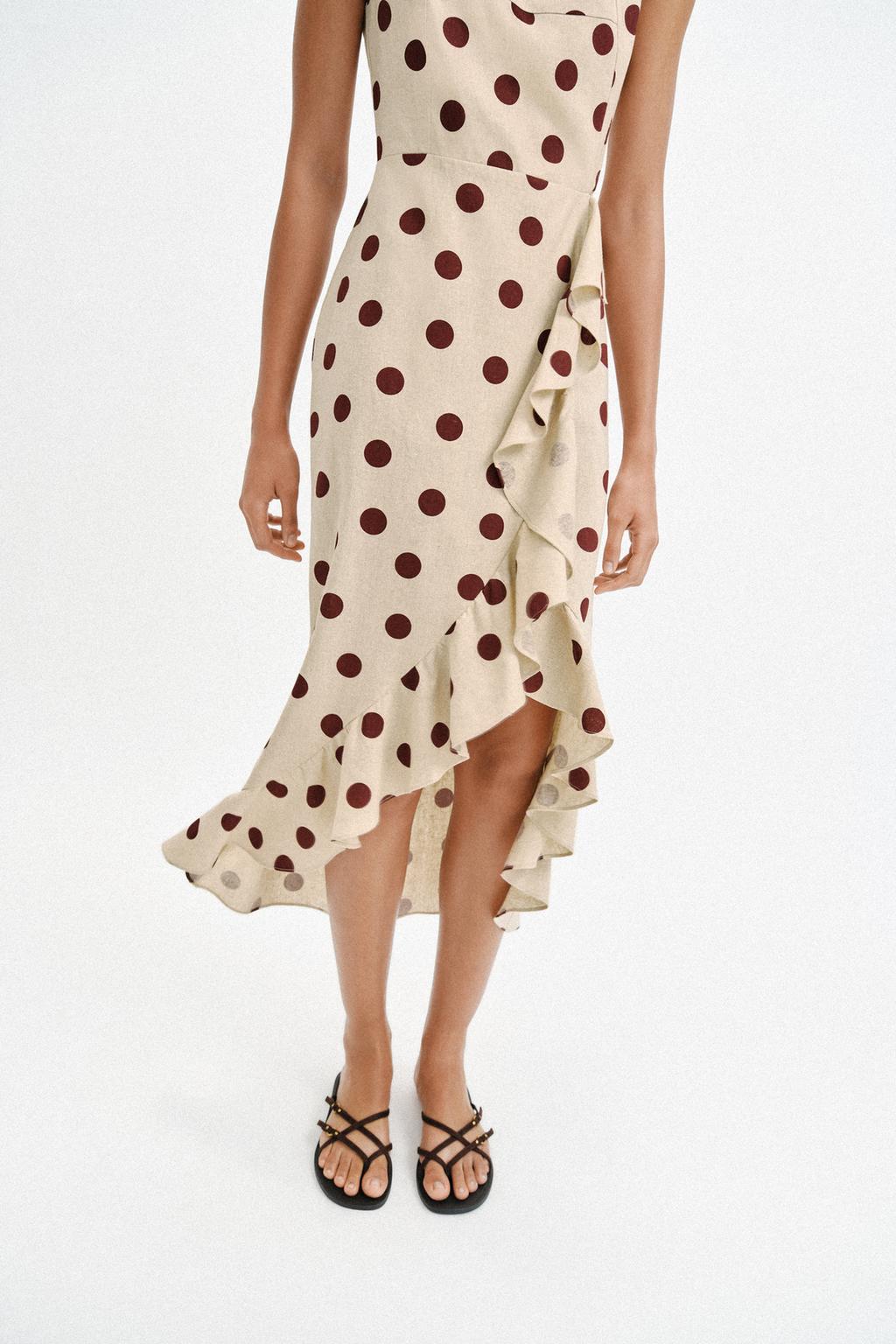 ПЛАТЬЕ МИДИ В ГОРОШЕК ИЗ СМЕСОВОГО ЛЬНА