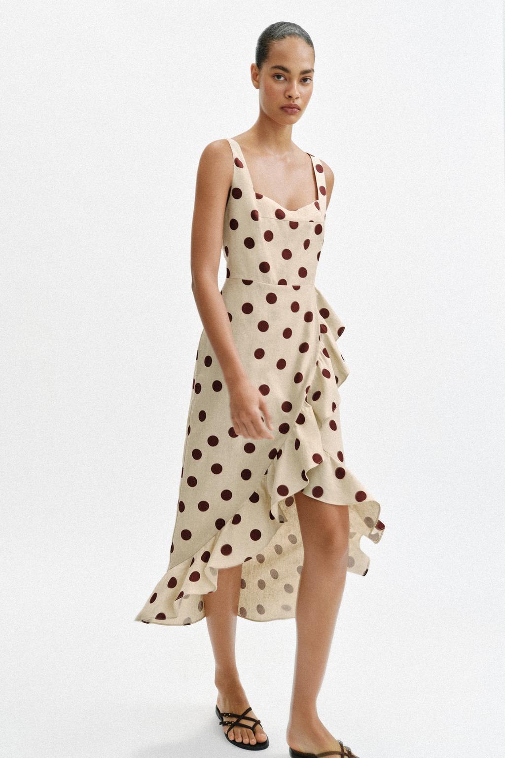 ПЛАТЬЕ МИДИ В ГОРОШЕК ИЗ СМЕСОВОГО ЛЬНА