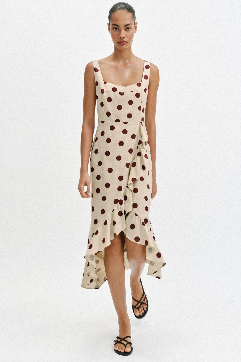 ПЛАТЬЕ МИДИ В ГОРОШЕК ИЗ СМЕСОВОГО ЛЬНА