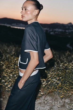 Navy blue | 2853/998/401 - Zara Блейзер из смесового льна с короткими рукавами и контрастным кантом
