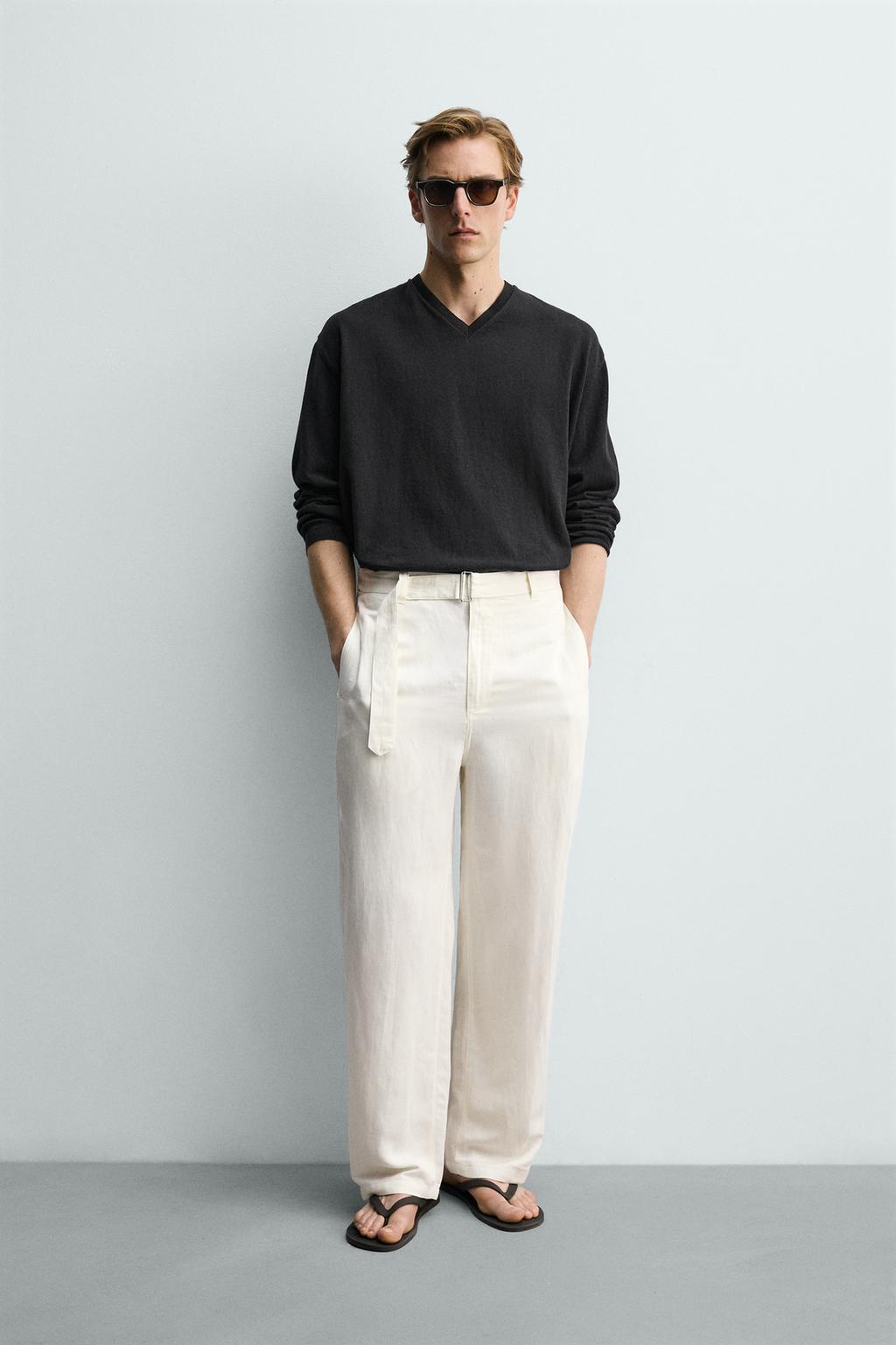 БРЮКИ RELAXED FIT ИЗ ВИСКОЗЫ И ЛЬНА С РЕМНЕМ