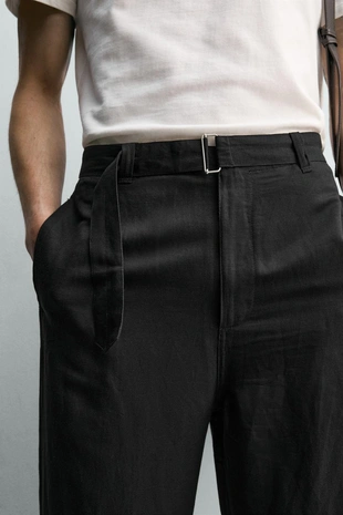 Брюки Relaxed Fit из вискозы и льна с ремнем- Заказать в России