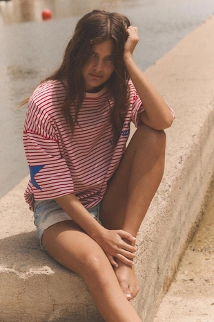 Купить Zara Футболка OVERSIZE в полоску со звездами и надписью