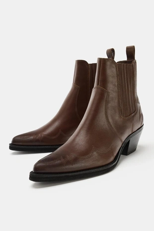 Brown | 3116/710/700 - Zara Кожаные ботильоны в ковбойском стиле с вышивкой