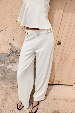 Oyster-white | 5067/298/251 - Zara Брюки прямого кроя из ткани пике с пуговицами