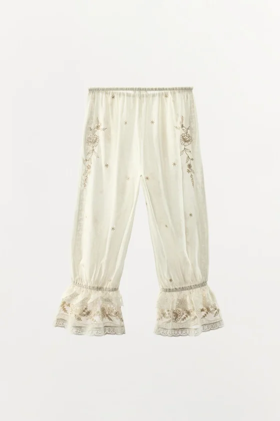 БРЮКИ С ВЫШИВКОЙ И ВОЛАНАМИ ИЗ БИСЕРА