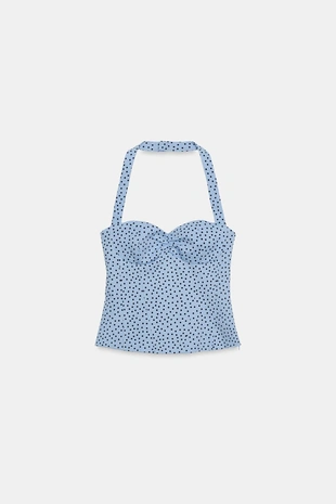 Топ с горловиной халтер и круглым вырезом в горошек