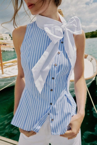 Blue/White | 4006/817/044 - Zara Рубашка в полоску с бантом и без рукавов