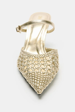Gold | 3821/710/253 - Zara Туфли-мюли на каблуке с плетеным металлизированным эффектом
