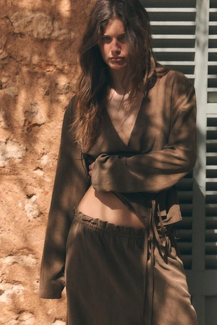 Dark brown | 2010/925/716 - Zara Рубашка-кимоно с завязками