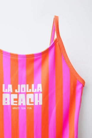 6-14 лет/ купальник в полоску с надписью «La Jolla Beach»- Заказать в России