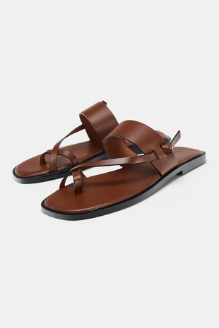 Brown | 1605/810/105 - Zara Кожаные сандалии на плоской подошве