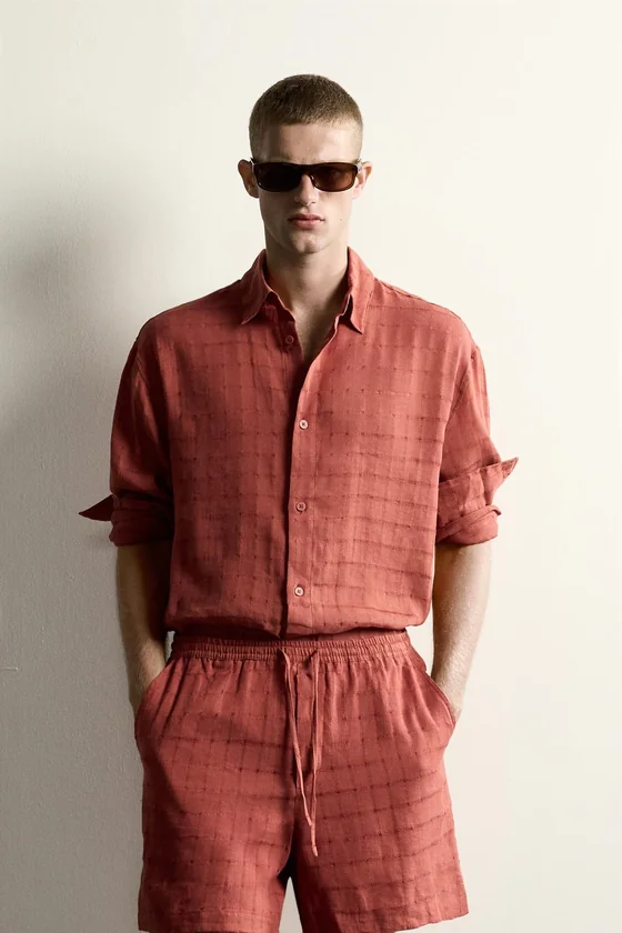 РУБАШКА RELAXED FIT ИЗ ЖАККАРДА В КЛЕТКУ (ЛЕН И ХЛОПОК)