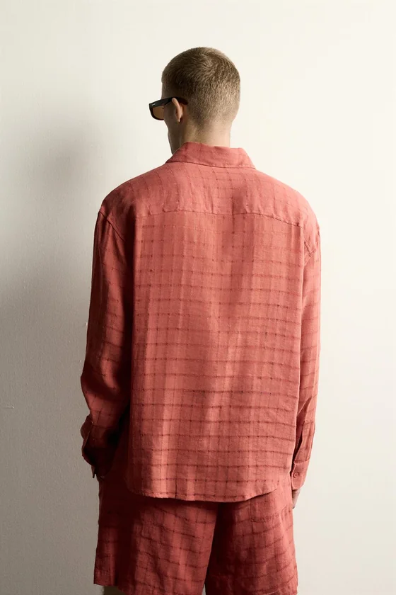 РУБАШКА RELAXED FIT ИЗ ЖАККАРДА В КЛЕТКУ (ЛЕН И ХЛОПОК)