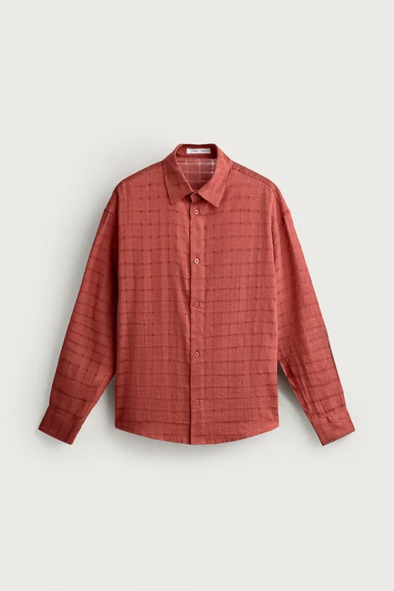 РУБАШКА RELAXED FIT ИЗ ЖАККАРДА В КЛЕТКУ (ЛЕН И ХЛОПОК)