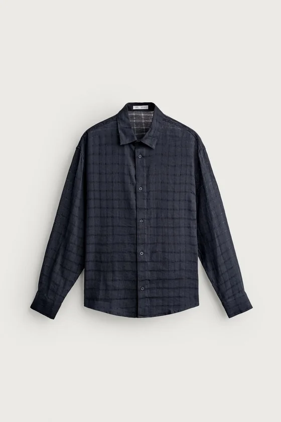 РУБАШКА RELAXED FIT ИЗ ЖАККАРДА В КЛЕТКУ (ЛЕН/ХЛОПОК)