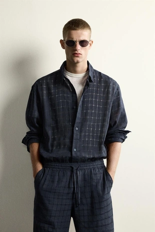 Рубашка Relaxed Fit из жаккарда в клетку (лен/хлопок)