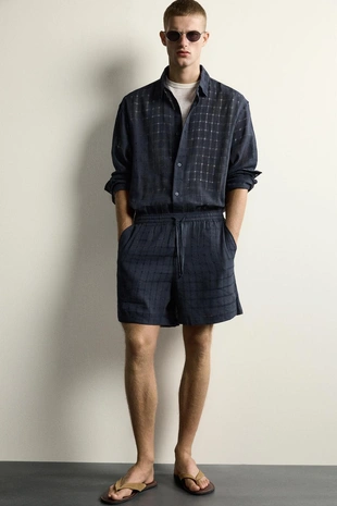Рубашка Relaxed Fit из жаккарда в клетку (лен/хлопок)- Заказать в России