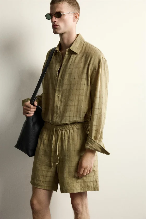 РУБАШКА RELAXED FIT ИЗ ЖАККАРДОВОЙ ТКАНИ В КЛЕТКУ ИЗ ЛЬНА И ХЛОПКА