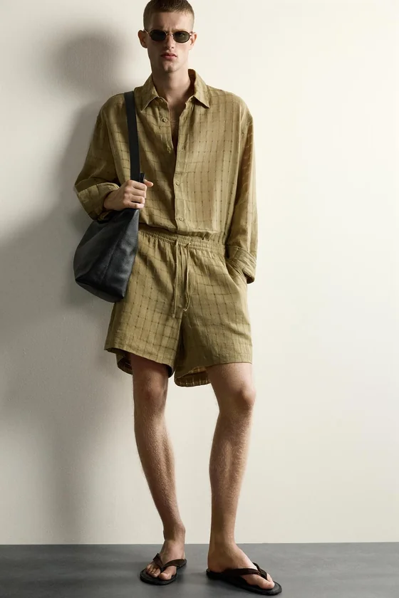 РУБАШКА RELAXED FIT ИЗ ЖАККАРДОВОЙ ТКАНИ В КЛЕТКУ ИЗ ЛЬНА И ХЛОПКА