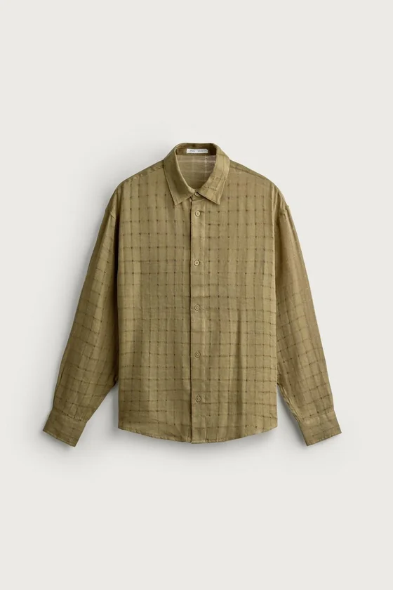 РУБАШКА RELAXED FIT ИЗ ЖАККАРДОВОЙ ТКАНИ В КЛЕТКУ ИЗ ЛЬНА И ХЛОПКА