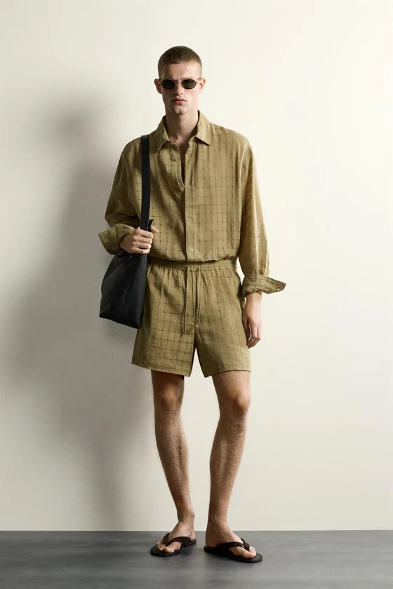 РУБАШКА RELAXED FIT ИЗ ЖАККАРДОВОЙ ТКАНИ В КЛЕТКУ ИЗ ЛЬНА И ХЛОПКА