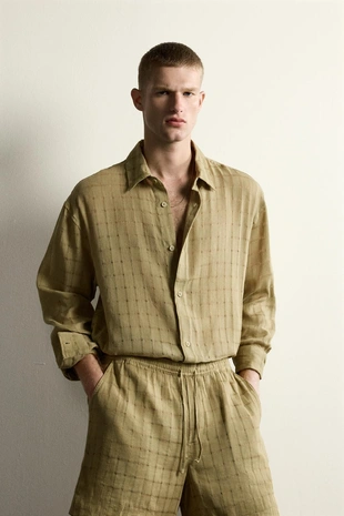 Рубашка Relaxed Fit из жаккардовой ткани в клетку из льна и хлопка- Заказать в России