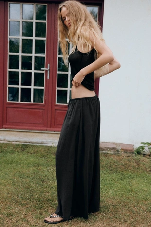 Black | 3152/502/800 - Zara Струящиеся брюки палаццо на шнурке