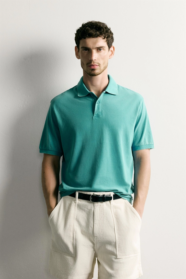 Поло regular fit из пике с эффектом стирки
