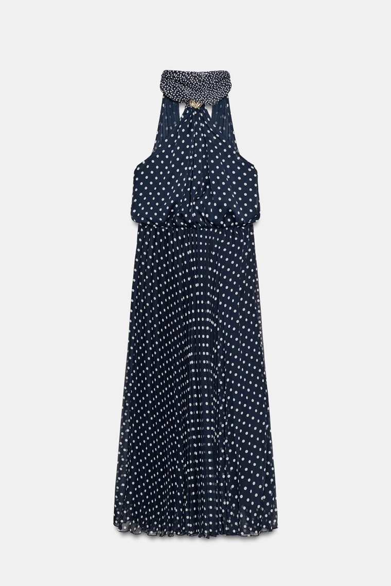 Платье миди в горошек с воротником-халтер