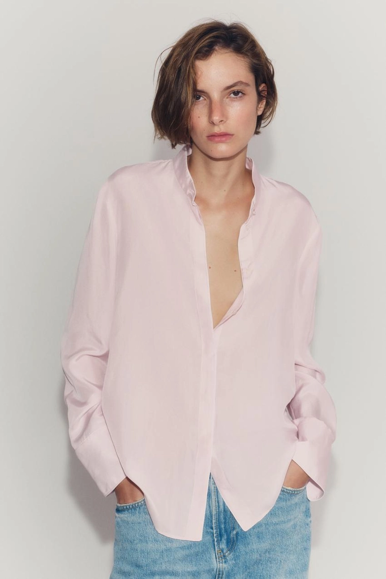 Рубашка Zara «ZW» из 100% шелка с контрастной отделкой