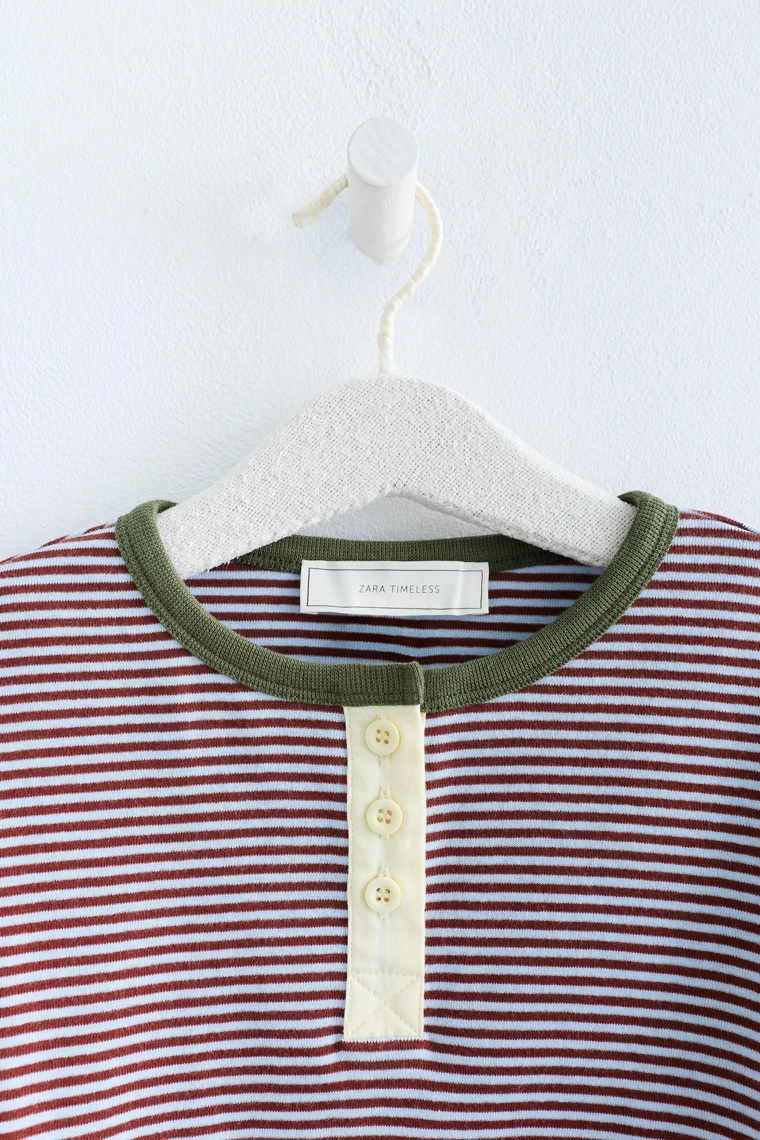 Zara timeless - хлопковая футболка henley в полоску