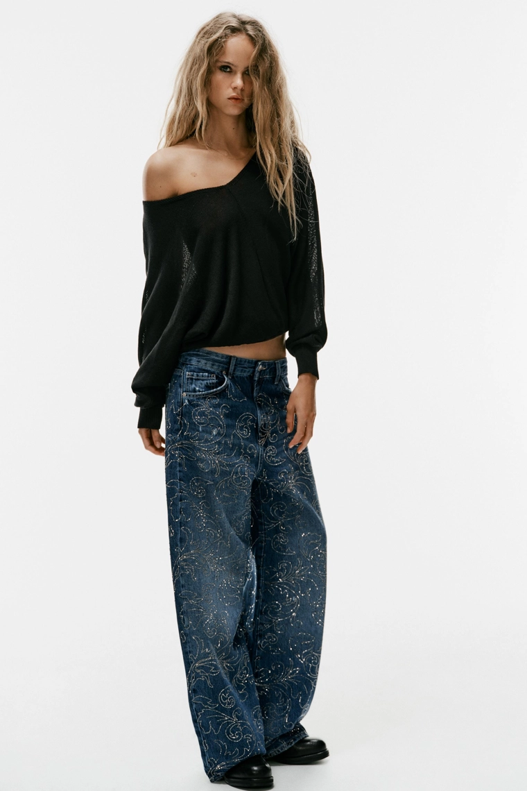 Свободные джинсы с блеском средней посадки