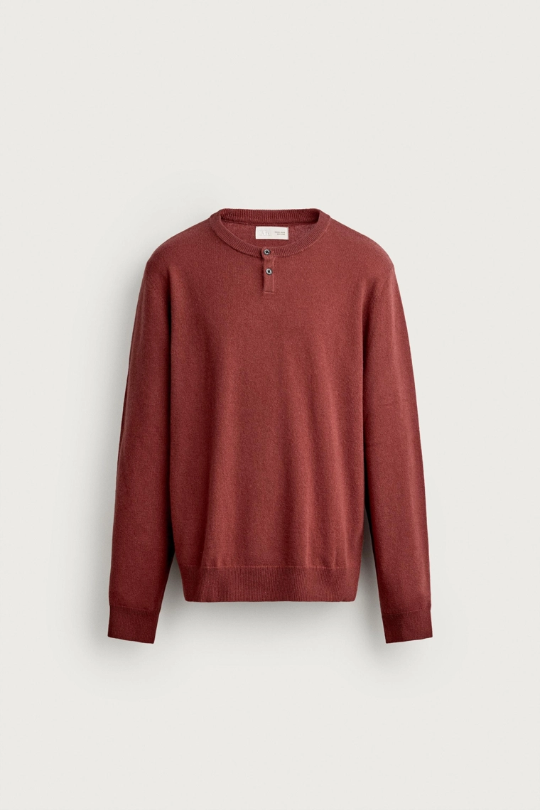 Пуловер henley из 100% шерсти