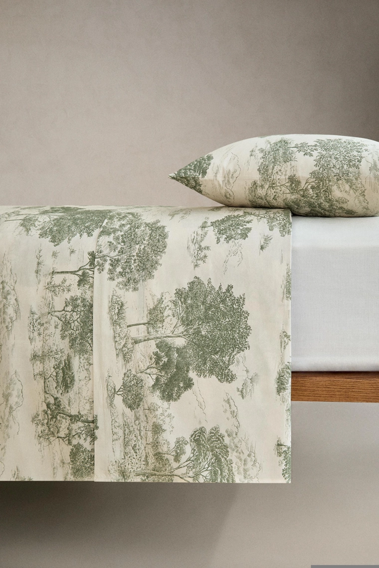 Простыня из сатина с принтом toile de jouy (300 нитей)