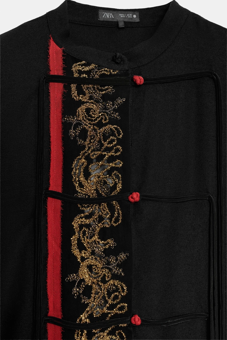 Длинная комбинированная рубашка с вышивкой и бусинами