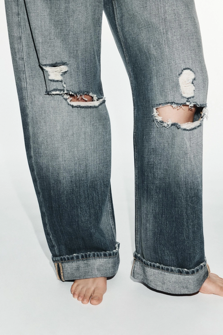 Джинсы trf baggy с завышенной талией и рваными деталями