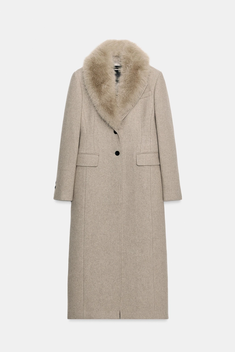 Пальто с искусственным меховым воротником из шерстяной смеси Zara «ZW»
