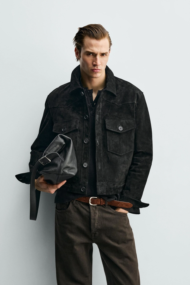 Укороченная кожаная куртка из замши