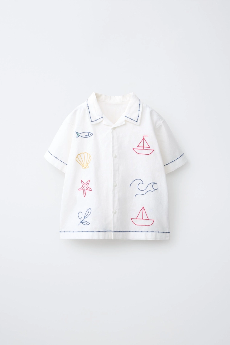 Рубашка из хлопка и льна с контрастной вышивкой