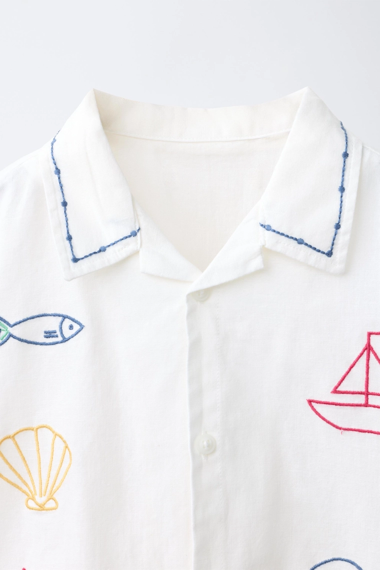 Рубашка из хлопка и льна с контрастной вышивкой