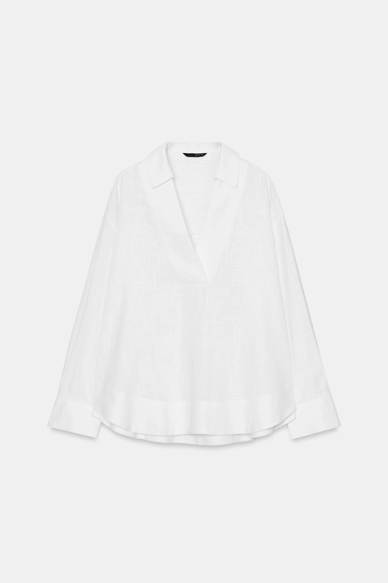 Блузка из льняно-хлопковой смеси с воротником-поло