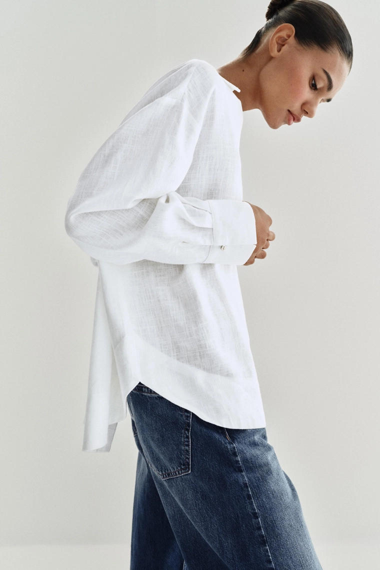 Блузка из льняно-хлопковой смеси с воротником-поло