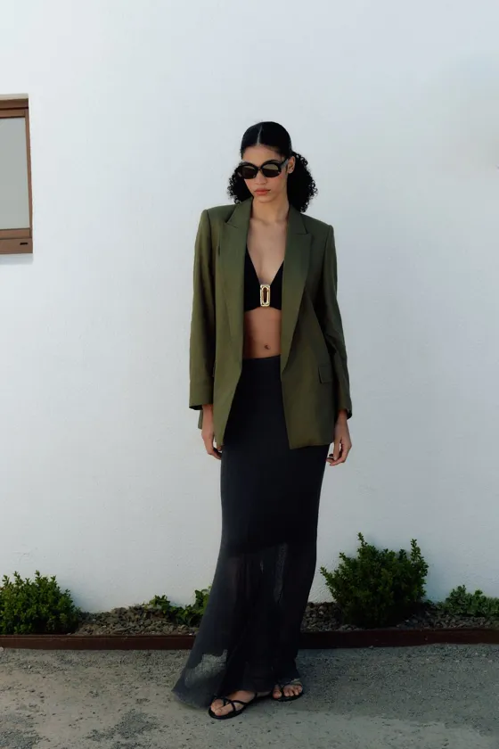 БЛЕЙЗЕР ИЗ СМЕСОВОГО ЛЬНА БЕЗ ЗАСТЕЖКИ С ПОДВОРАЧИВАЕМЫМИ РУКАВАМИ