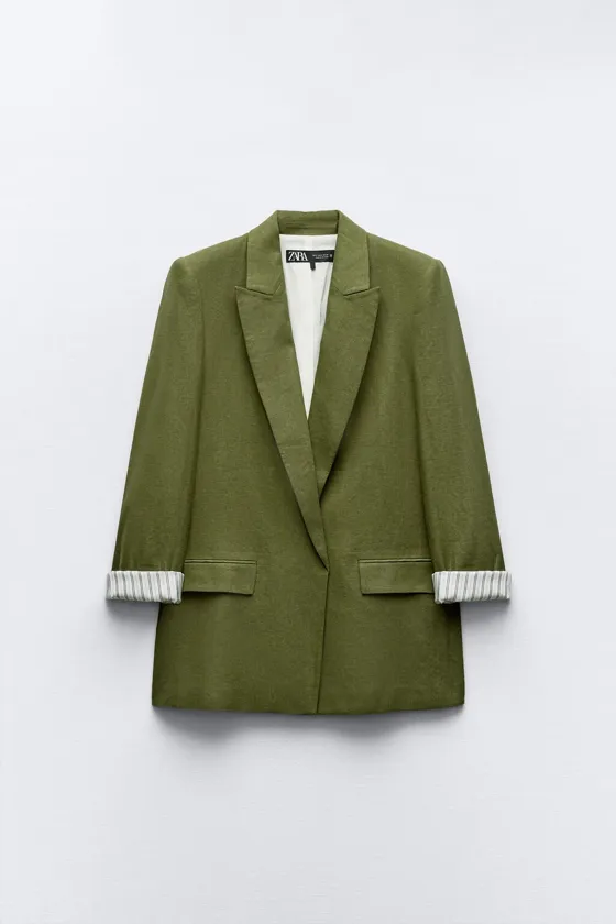 БЛЕЙЗЕР ИЗ СМЕСОВОГО ЛЬНА БЕЗ ЗАСТЕЖКИ С ПОДВОРАЧИВАЕМЫМИ РУКАВАМИ